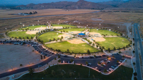 High angle view of road amidst buildings in city