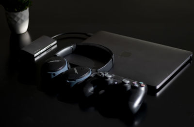 High angle view of smart phone on table