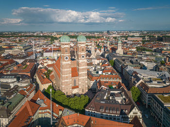 Amazing aerial view of munich city with the church of our lady