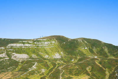 Scenic view of mountains against clear blue sky