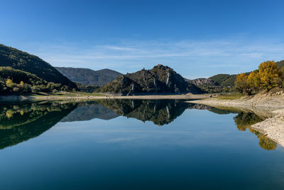 Scenic view of lake and mountains against blue sky