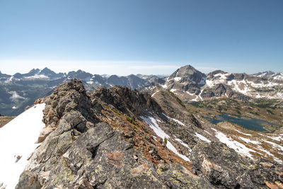 Scenic view of snowcapped mountains against clear sky