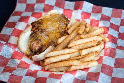 High angle view of food in plate