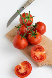 High angle view of strawberries on table