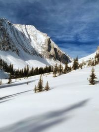 Scenic view of snowcapped mountains against sky