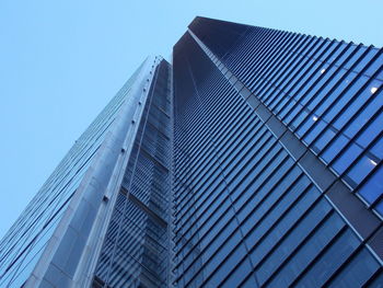 Low angle view of modern building against clear blue sky