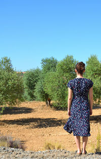 Rear view of woman walking on street amidst trees against clear sky