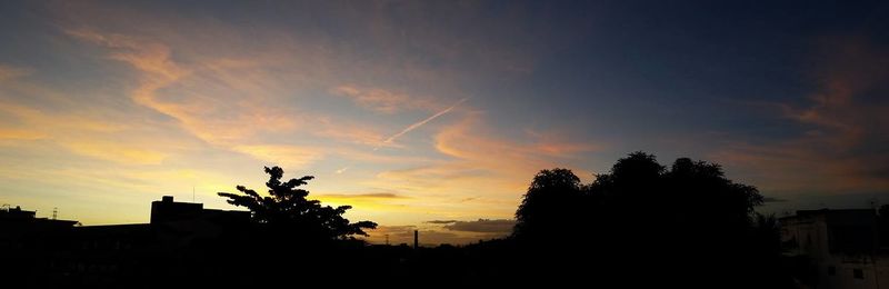 Silhouette trees and buildings against sky during sunset