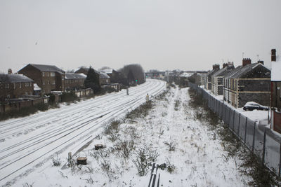 Snow covered railroad tracks amidst buildings against sky