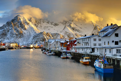 Sunrise at henningsvaer harbour, norway, europe