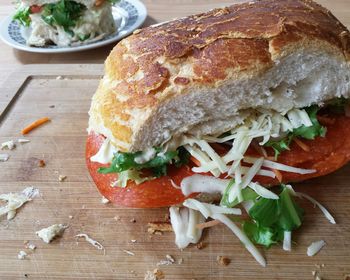 Close-up of pepperoni sandwich on cutting board