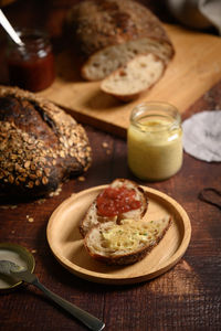 Close-up of breakfast served on table