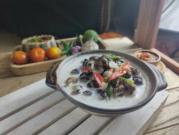 High angle view of breakfast on table