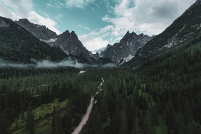 Panoramic view of the sesto dolomites . drone photography.