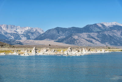 Scenic view of lake and mountains against clear blue sky