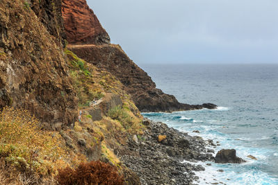 Scenic view of cliff by sea against sky