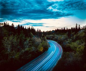 Scenic view of road amidst trees against blue sky