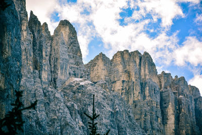 Low angle view of rocky mountains against sky