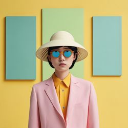 Portrait of young woman standing against yellow background