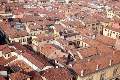 High angle view of houses in city