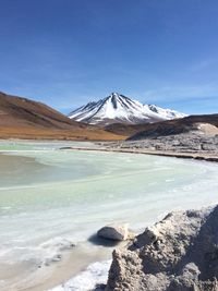 Scenic view of snowcapped mountains against blue sky