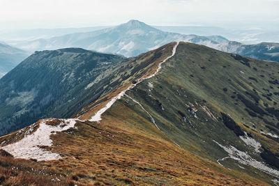 Aerial view of snowcapped mountains against sky