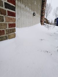 Snow covered field by wall of building