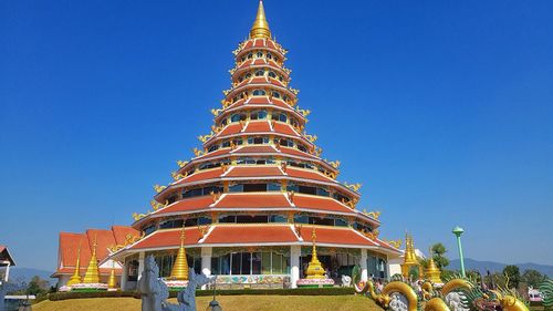 Low angle view of temple building against clear blue sky