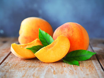 Close-up of peach on table