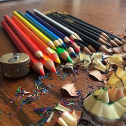 High angle view of colored pencils on table