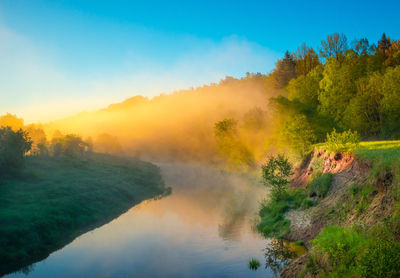 Beautiful foggy spring morning landscape of a river with grass growing in the foreground.