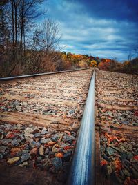 Railroad track amidst bare trees against sky