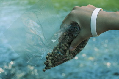 Close-up of woman pouring food in river