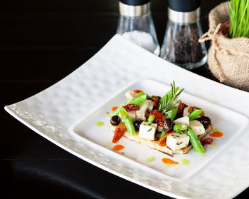 High angle view of food in plate on table