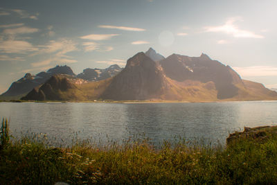 Scenic view of sea and mountains against sky