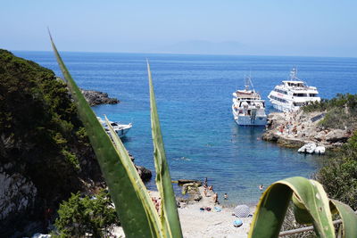 Boats in sea against sky