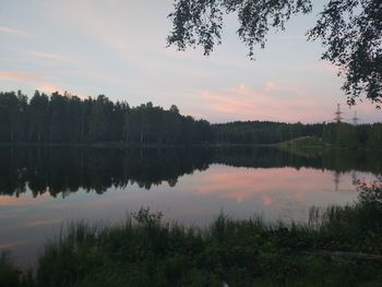Scenic view of lake against sky at sunset