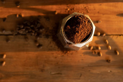 High angle view of coffee beans on table