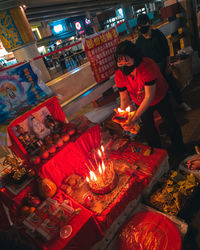 High angle view of people at night