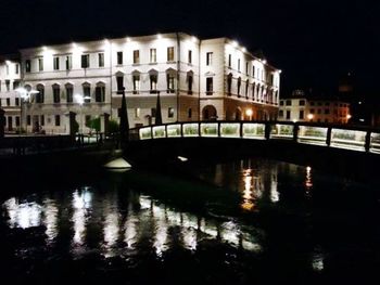 Reflection of illuminated building in water at night