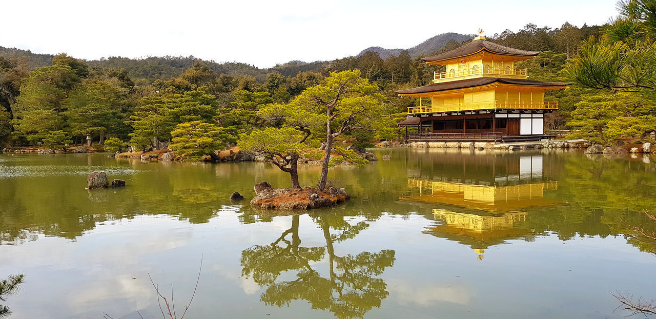 REFLECTION OF TREES AND BUILDING ON LAKE