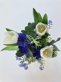 Close-up of purple flower vase against white background