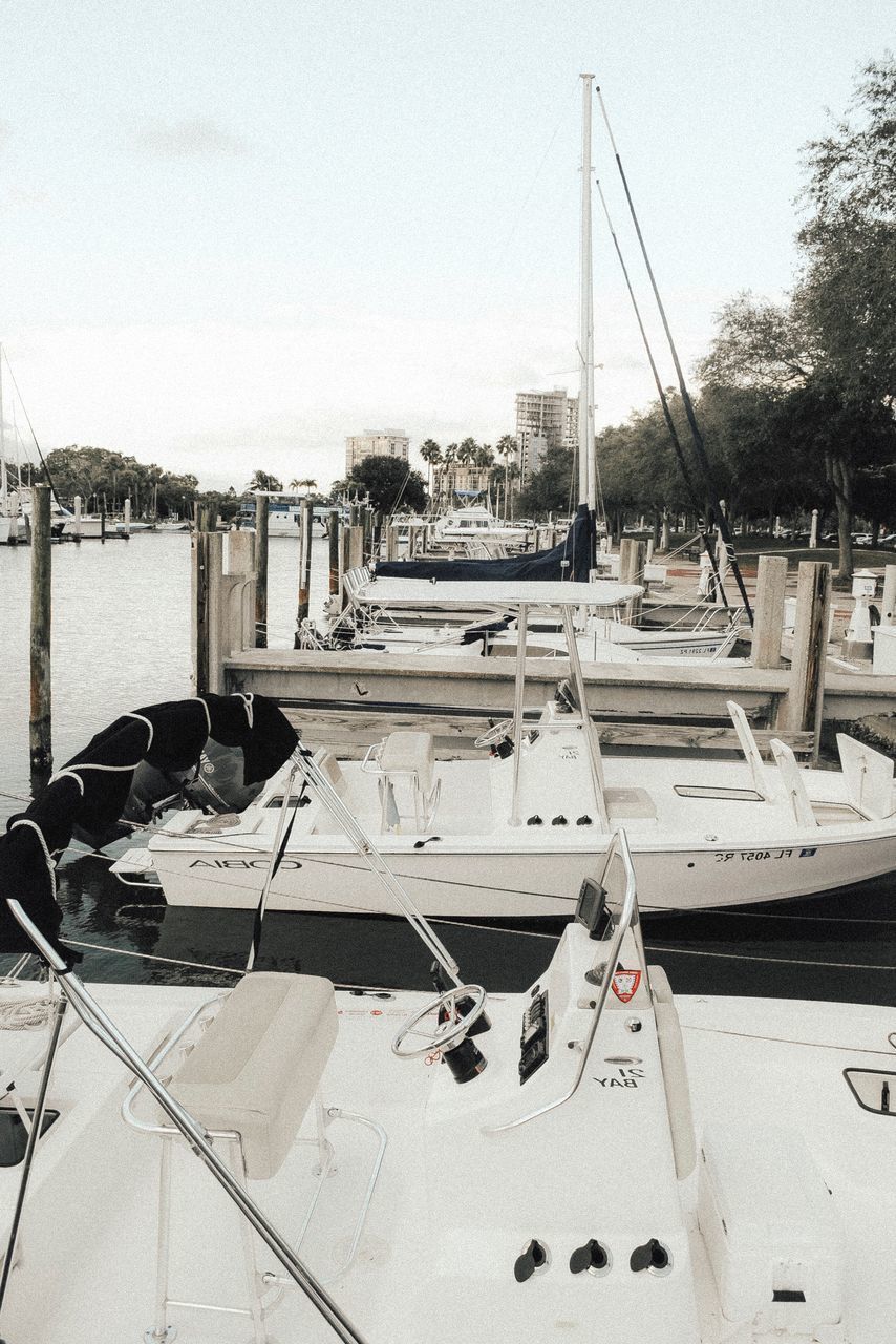 BOATS MOORED ON SHORE AGAINST SKY