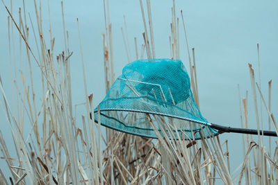 Close-up of fishing net against blue sky