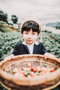 Portrait of boy holding basket with strawberries at farm