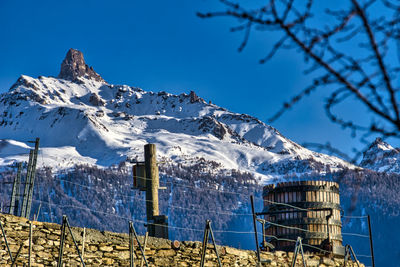 Scenic view of snowcapped mountains against blue sky