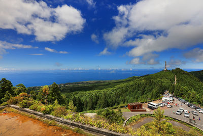 Scenic view of landscape and sea against sky