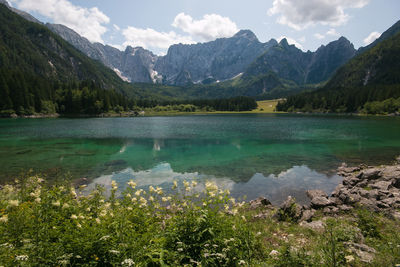 Scenic view of lake and mountains against sky