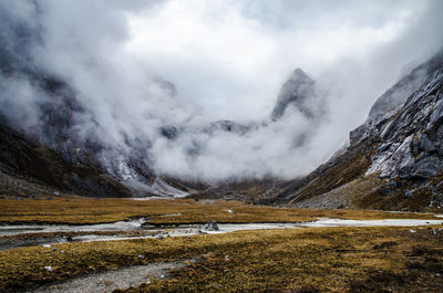 Scenic view of lake against cloudy sky