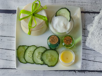 High angle view of fruits in bowl on table